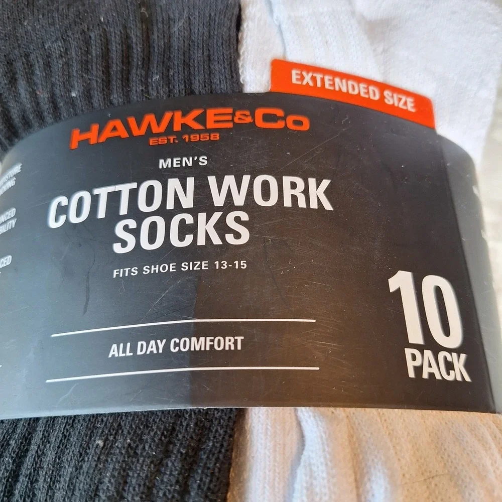 Hawke & Co 10 Pair Extended Sz Men's 13-15 Cotton Blend Work Socks Arch Support